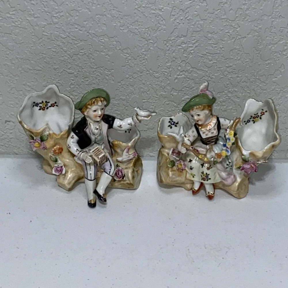 VTG Lenwile China Ardalt Hand Painted Vase Planter Figurine Set Porcelain  #6744